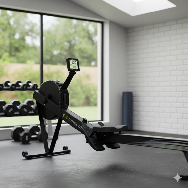 Concept2 RowErg in home gym with PM5 monitor.